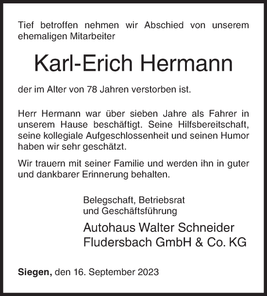 Traueranzeige von Karl-Erich Hermann von Siegener Zeitung