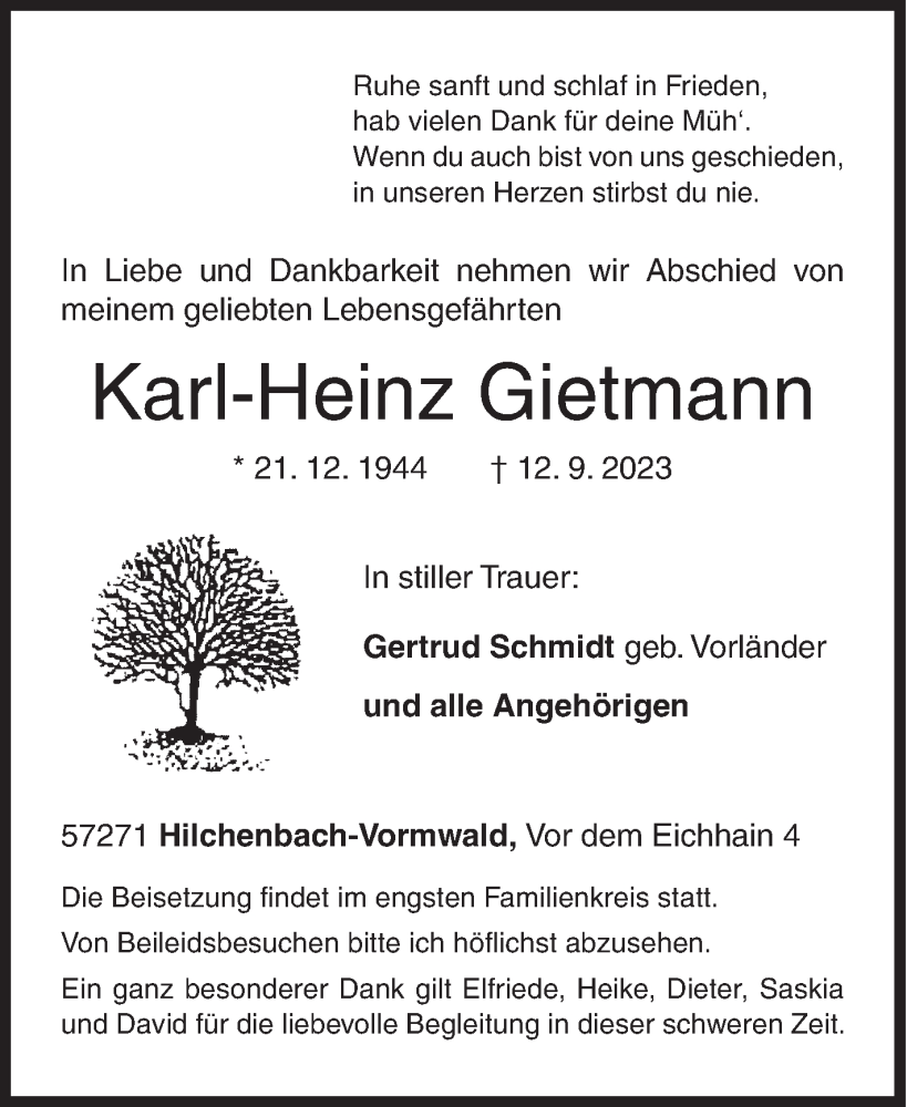  Traueranzeige für Karl-Heinz Gietmann vom 16.09.2023 aus Siegener Zeitung