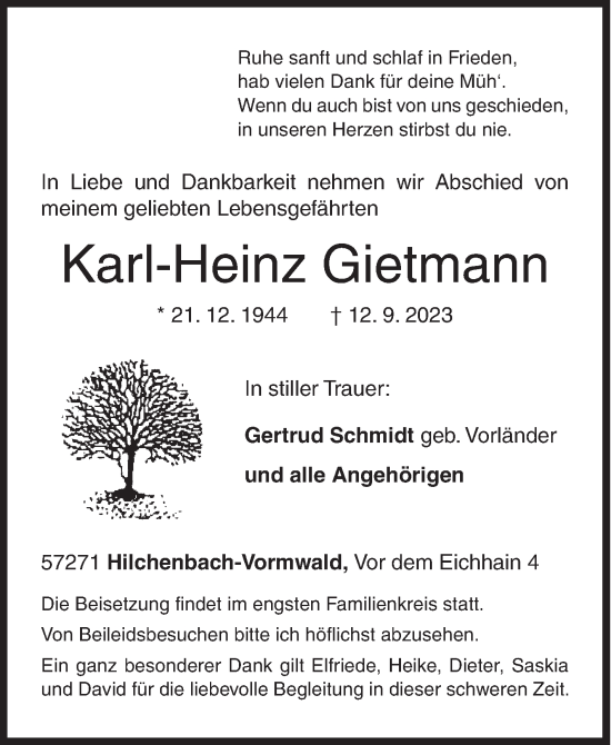 Traueranzeige von Karl-Heinz Gietmann von Siegener Zeitung