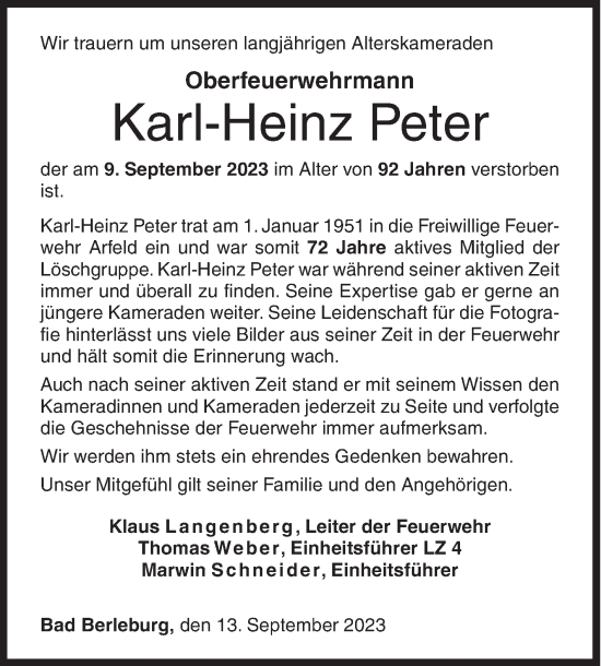 Traueranzeige von Karl-Heinz Peter von Siegener Zeitung