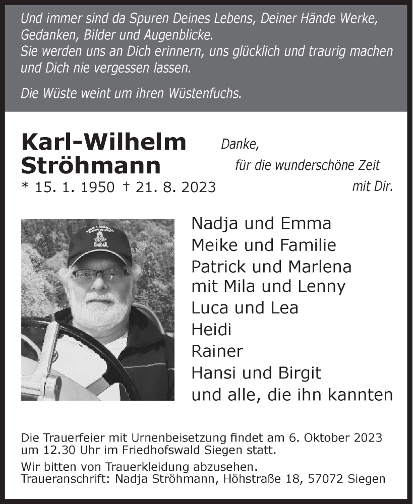  Traueranzeige für Karl-Wilhelm Ströhmann vom 16.09.2023 aus Siegener Zeitung