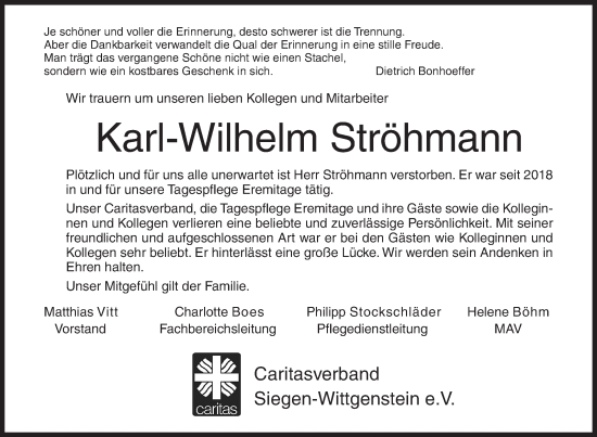 Traueranzeige von Karl-Wilhelm Ströhmann von Siegener Zeitung