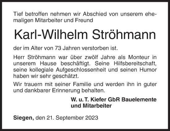 Traueranzeige von Karl-Wilhelm Ströhmann von Siegener Zeitung