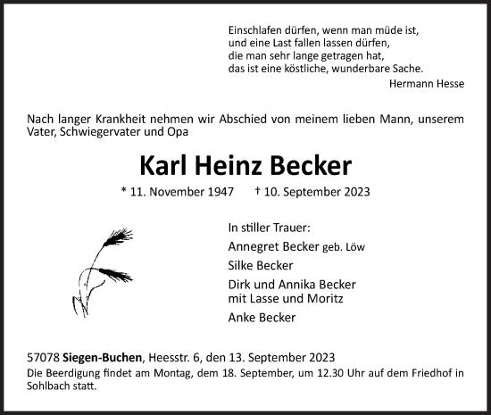 Traueranzeige von Karl Heinz Becker von Siegener Zeitung