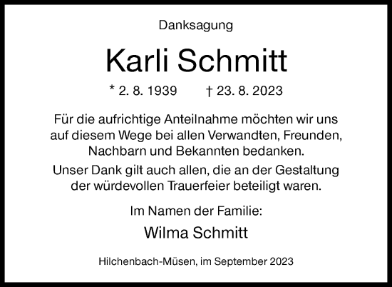 Traueranzeige von Karli Schmitt von Siegener Zeitung