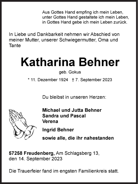 Traueranzeige von Katharina Behner von Siegener Zeitung