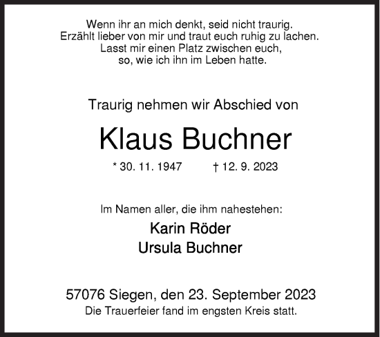 Traueranzeige von Klaus Buchner von Siegener Zeitung