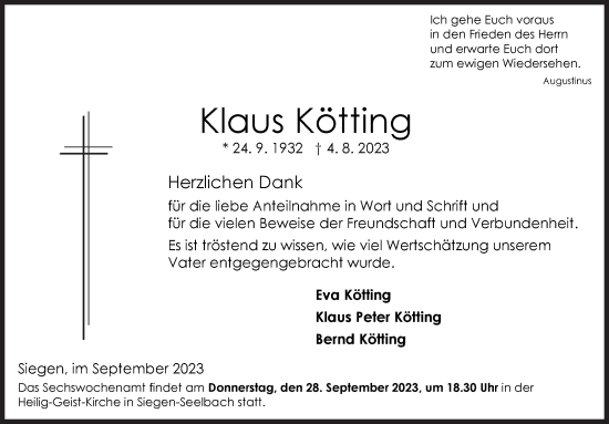 Traueranzeige von Klaus Kötting von Siegener Zeitung