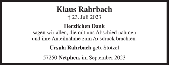 Traueranzeige von Klaus Rahrbach von Siegener Zeitung