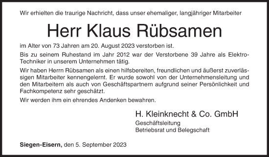 Traueranzeige von Klaus Rübsamen von Siegener Zeitung