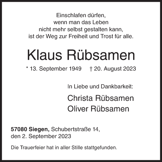 Traueranzeige von Klaus Rübsamen von Siegener Zeitung
