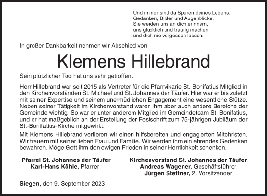 Traueranzeige von Klemens Hillebrand von Siegener Zeitung