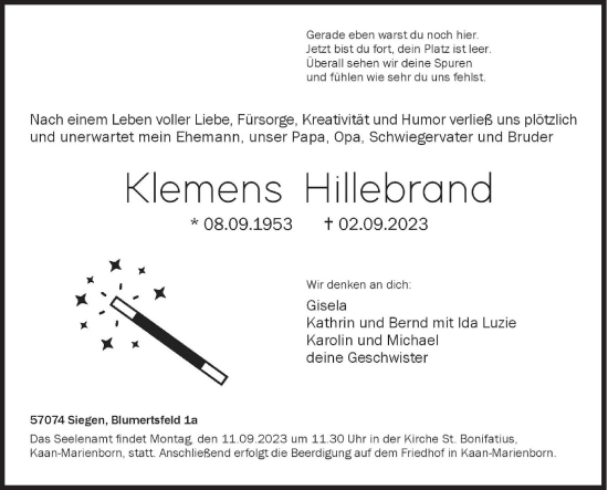 Traueranzeige von Klemens Hillebrand von Siegener Zeitung