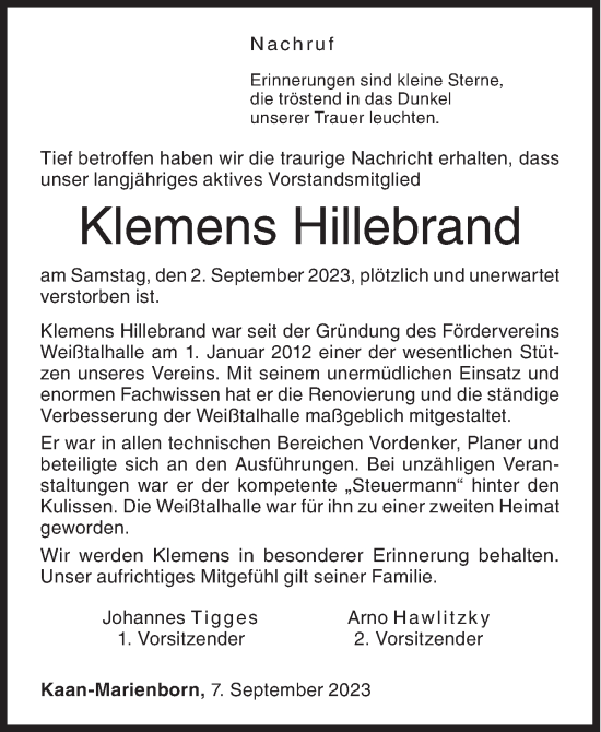 Traueranzeige von Klemens Hillebrand von Siegener Zeitung