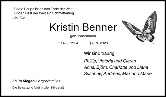 Traueranzeige von Kristin Benner von Siegener Zeitung