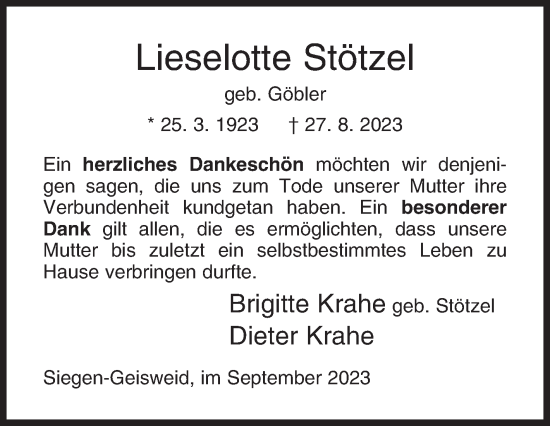 Traueranzeige von Lieselotte Stötzel von Siegener Zeitung