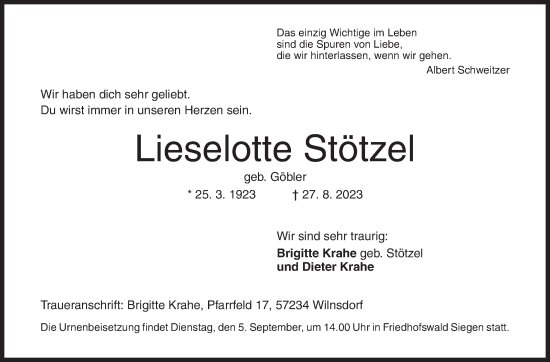 Traueranzeige von Lieselotte Stötzel von Siegener Zeitung