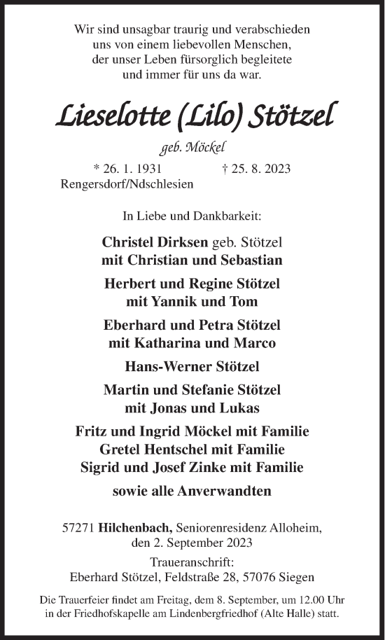 Traueranzeige von Lieselotte Stötzel von Siegener Zeitung