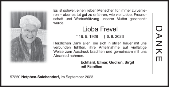Traueranzeige von Lioba Frevel von Siegener Zeitung