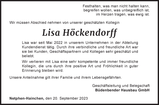 Traueranzeige von Lisa Höckendorff von Siegener Zeitung
