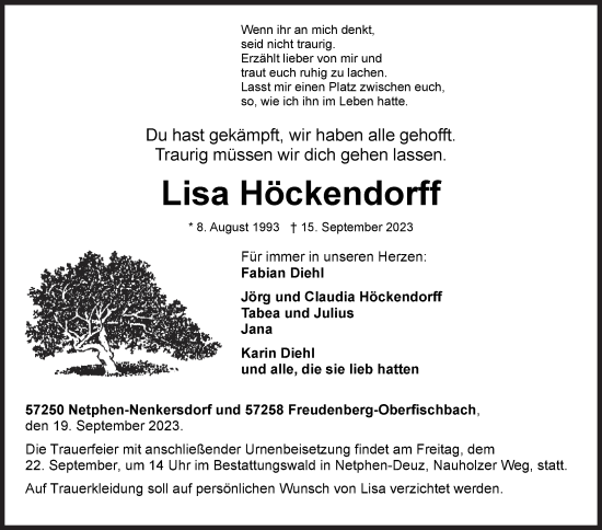 Traueranzeige von Lisa Höckendorff von Siegener Zeitung