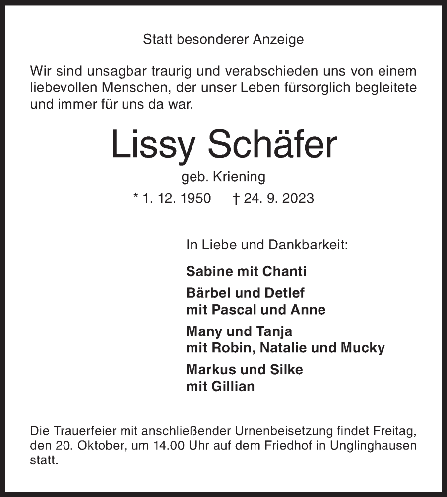  Traueranzeige für Lissy Schäfer vom 30.09.2023 aus Siegener Zeitung