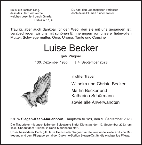 Traueranzeige von Luise Becker von Siegener Zeitung