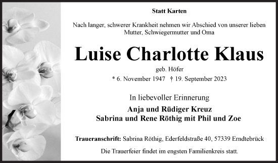 Traueranzeige von Luise Charlotte Klaus von Siegener Zeitung