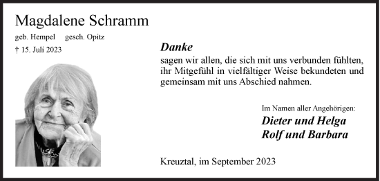 Traueranzeige von Magdalene Schramm von Siegener Zeitung