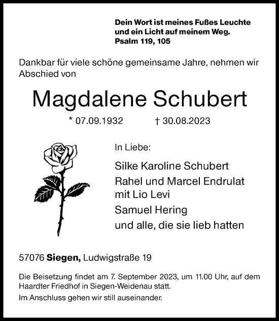 Traueranzeige von Magdalene Schubert von Siegener Zeitung