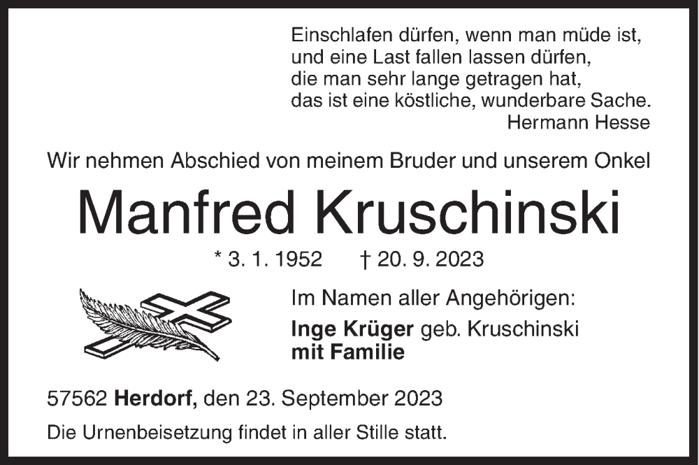  Traueranzeige für Manfred Kruschinski vom 23.09.2023 aus Siegener Zeitung