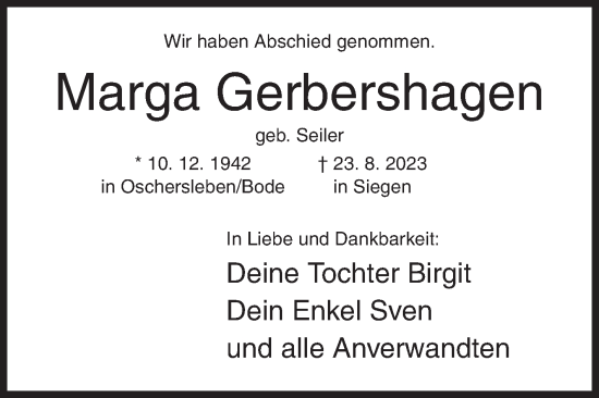 Traueranzeige von Marga Gerbershagen von Siegener Zeitung