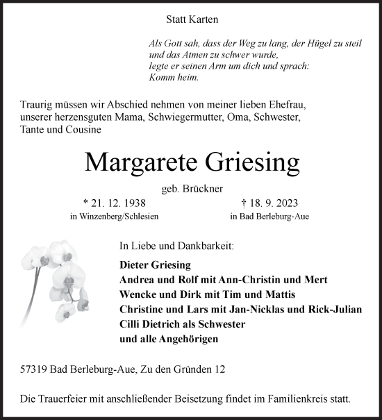 Traueranzeige von Margarete Griesing von Siegener Zeitung