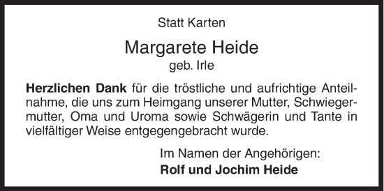 Traueranzeige von Margarete Heide von Siegener Zeitung