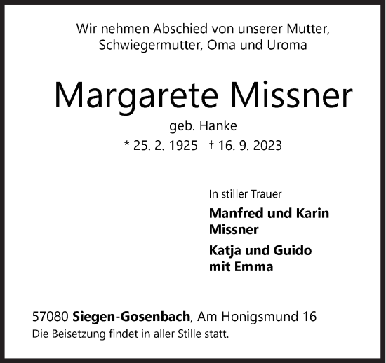 Traueranzeige von Margarete Missner von Siegener Zeitung