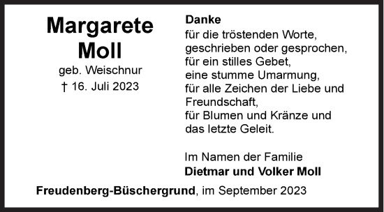 Traueranzeige von Margarete Moll von Siegener Zeitung