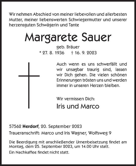 Traueranzeige von Margarete Sauer von Siegener Zeitung