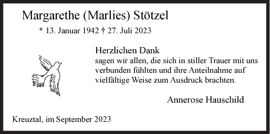 Traueranzeige von Margarethe Stötzel von Siegener Zeitung