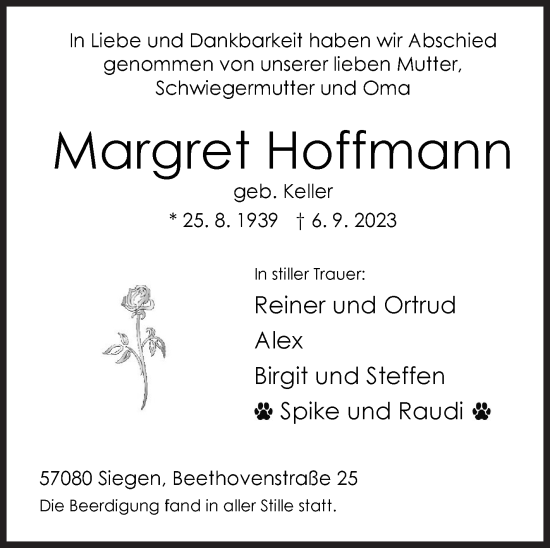 Traueranzeige von Margret Hoffmann von Siegener Zeitung