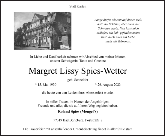 Traueranzeige von Margret Lissy Spies-Wetter von Siegener Zeitung