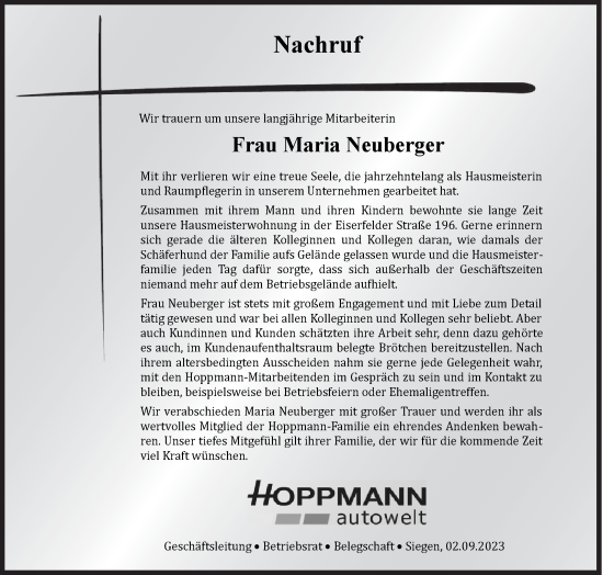 Traueranzeige von Maria Neuberger von Siegener Zeitung