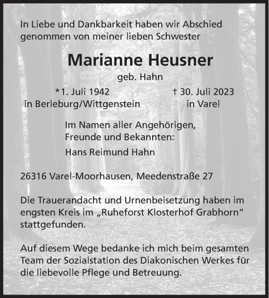 Traueranzeige von Marianne Heusner von Siegener Zeitung
