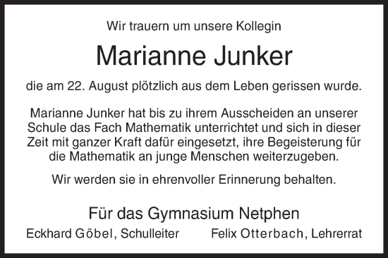 Traueranzeige von Marianne Junker von Siegener Zeitung