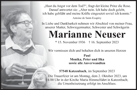 Traueranzeige von Marianne Neuser von Siegener Zeitung