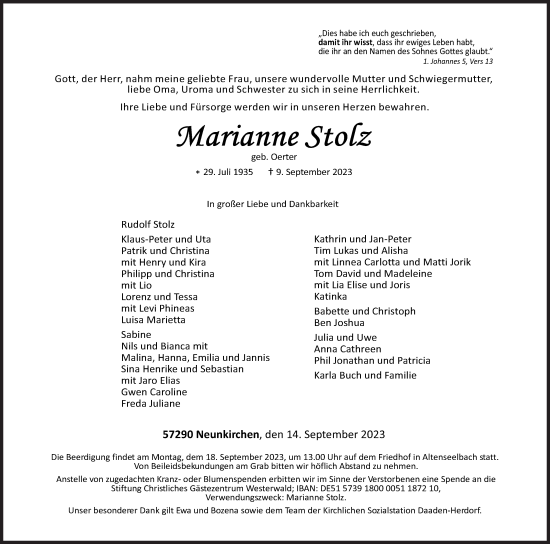 Traueranzeige von Marianne Stolz von Siegener Zeitung