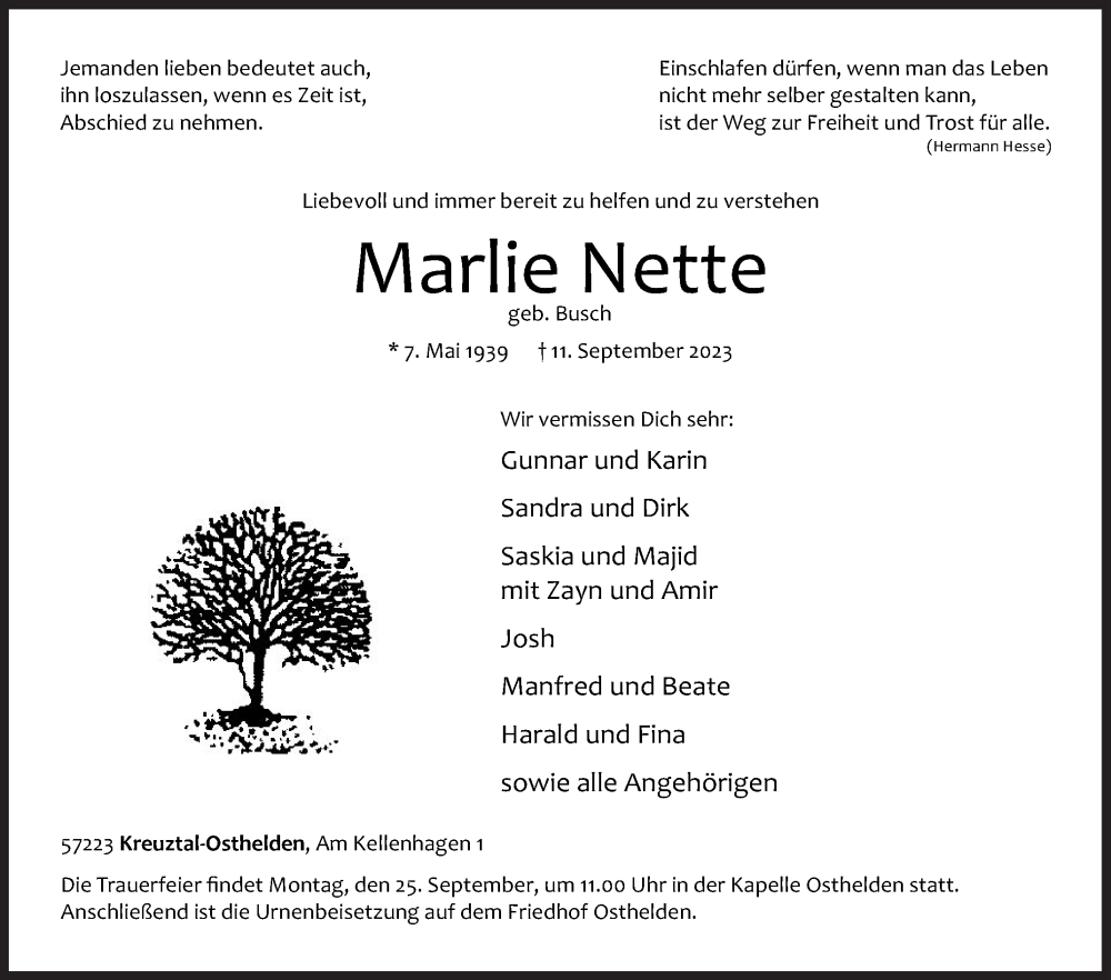  Traueranzeige für Marlie Nette vom 16.09.2023 aus Siegener Zeitung