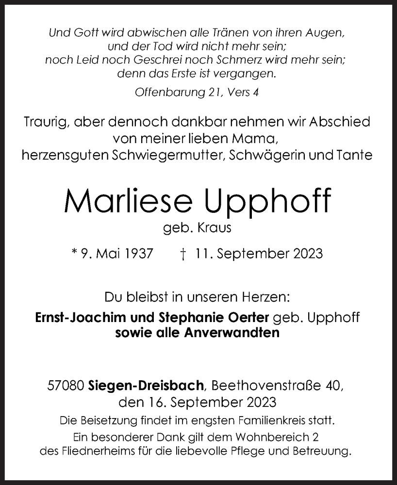  Traueranzeige für Marliese Upphoff vom 16.09.2023 aus Siegener Zeitung