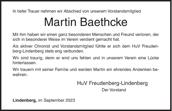 Traueranzeige von Martin Baethcke von Siegener Zeitung