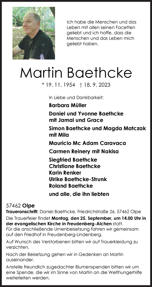 Traueranzeige von Martin Baethcke von Siegener Zeitung