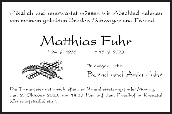 Traueranzeige von Matthias Fuhr von Siegener Zeitung